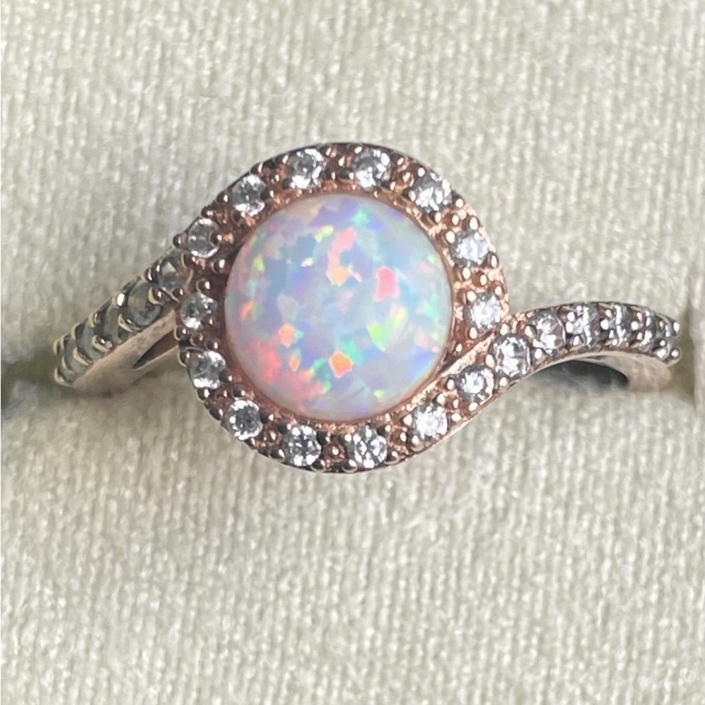 Opal and Rose Gold-Plated Ring in a CZ Halo Setting